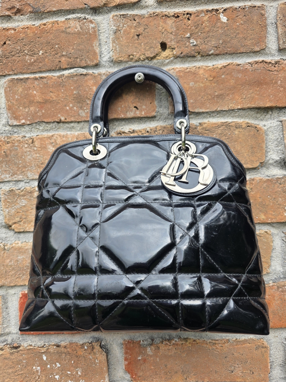 Christian Dior Black Patent Quilted Lady Dior Top-Handle Bag